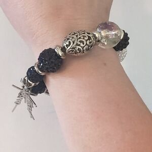 601 Chunky Black White Iridescent Clear‎ Sparkly Silver Filigree Beaded Bracelet